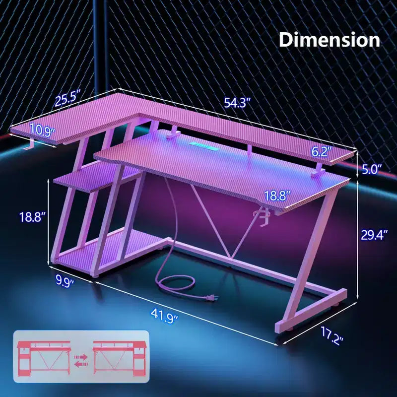 Bureau de jeu d'angle en L rose avec support d'écran et 3 étagères de rangement, bureau de joueur moderne en fibre de carbone pour un gain de place