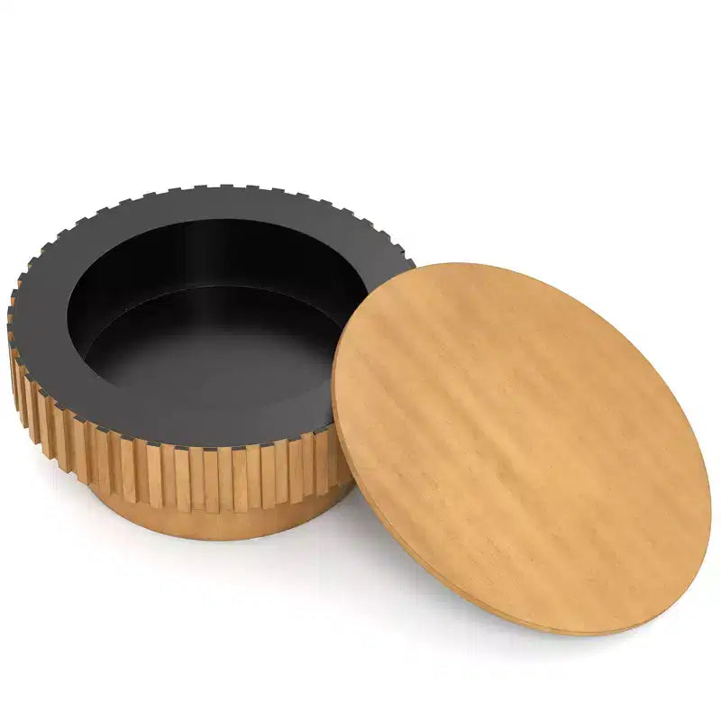 Table basse ronde avec rangement, table basse tambour en bois avec compartiment caché, noyer/naturel