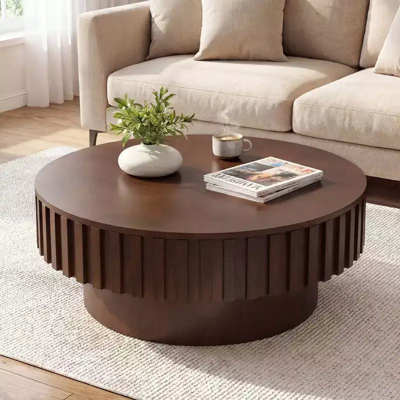 Table basse ronde avec rangement, table basse tambour en bois avec compartiment caché, noyer/naturel