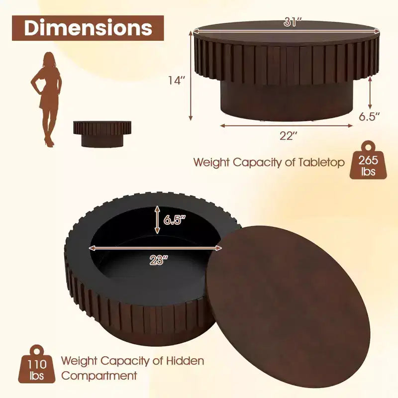 Table basse ronde avec rangement, table basse tambour en bois avec compartiment caché, noyer/naturel