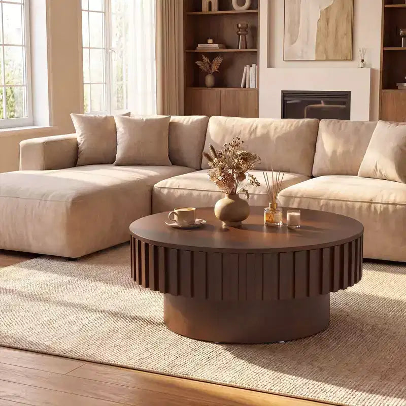 Table basse ronde avec rangement, table basse tambour en bois avec compartiment caché, noyer/naturel