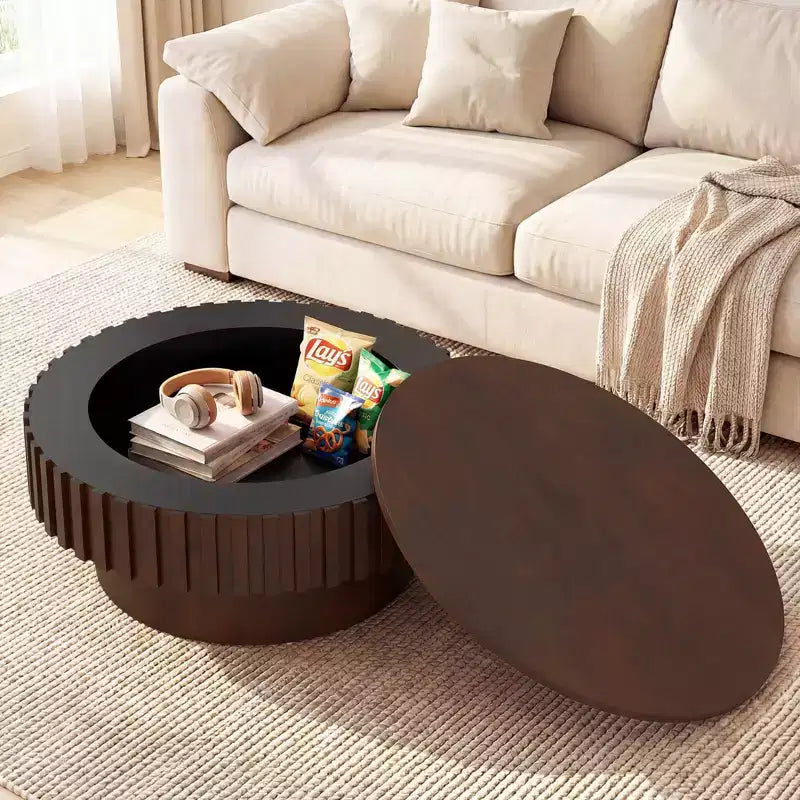 Table basse ronde avec rangement, table basse tambour en bois avec compartiment caché, noyer/naturel