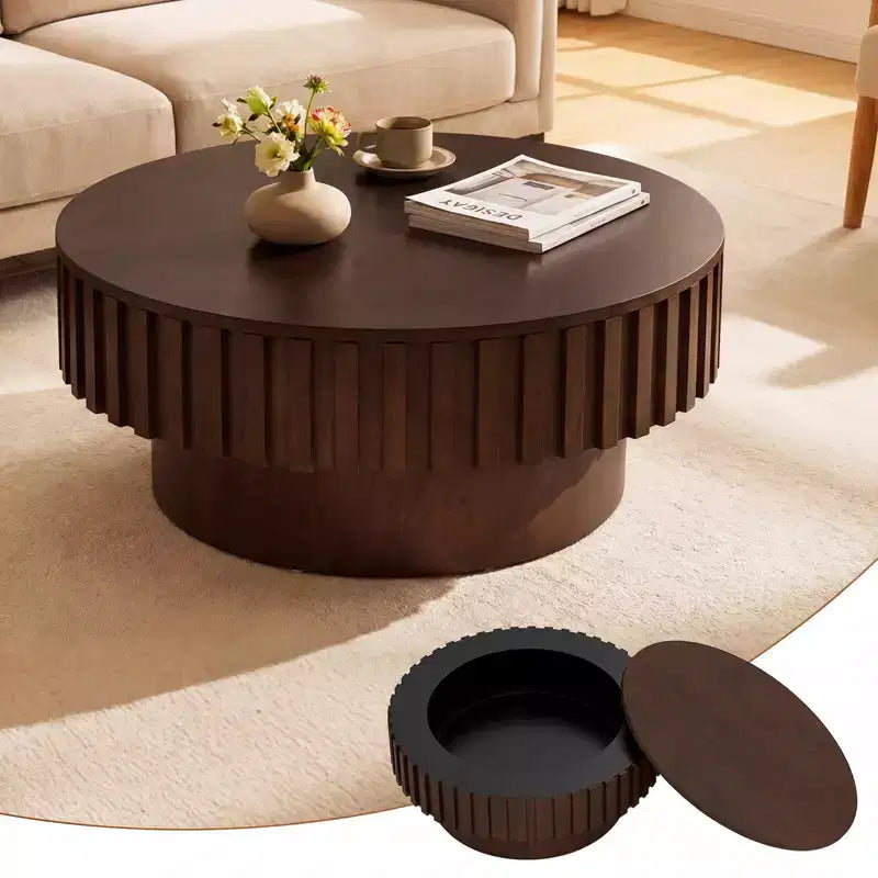 Table basse ronde avec rangement, table basse tambour en bois avec compartiment caché, noyer/naturel