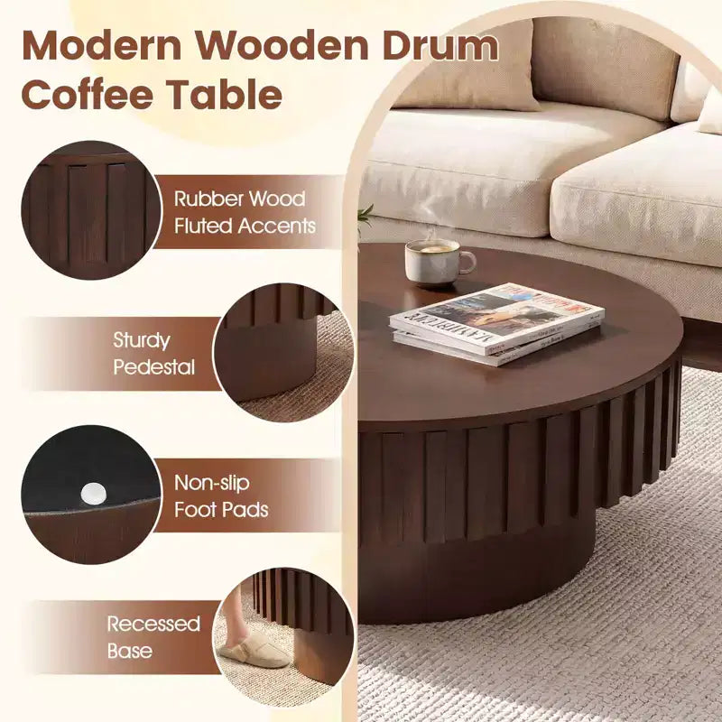 Table basse ronde avec rangement, table basse tambour en bois avec compartiment caché, noyer/naturel