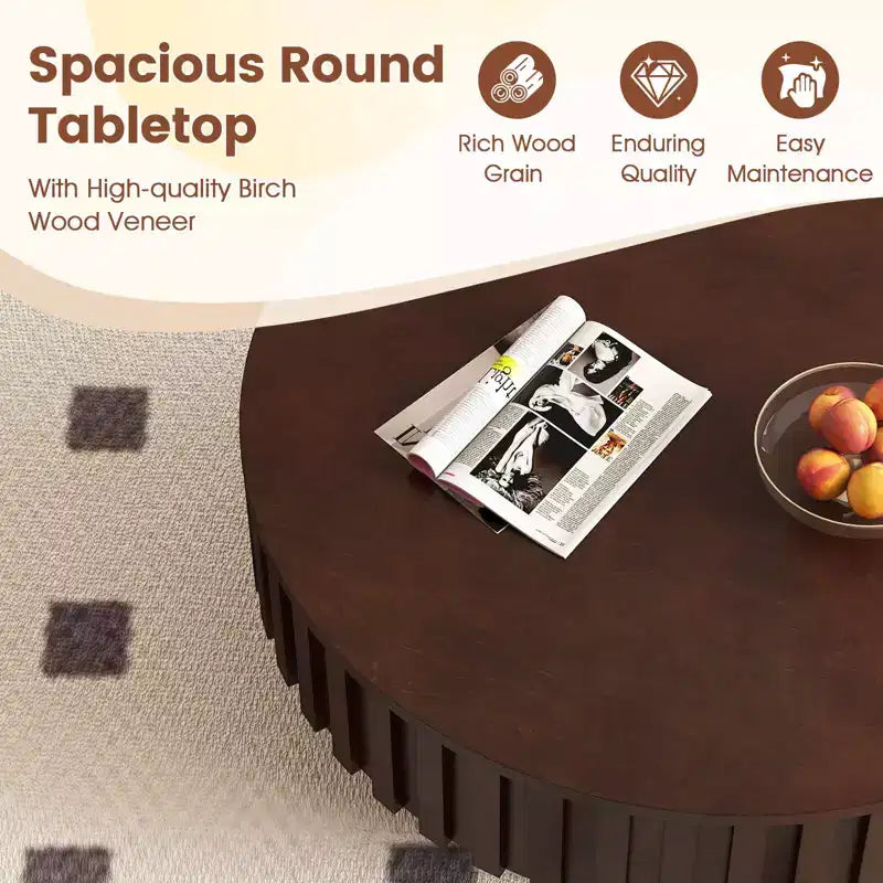 Table basse ronde avec rangement, table basse tambour en bois avec compartiment caché, noyer/naturel