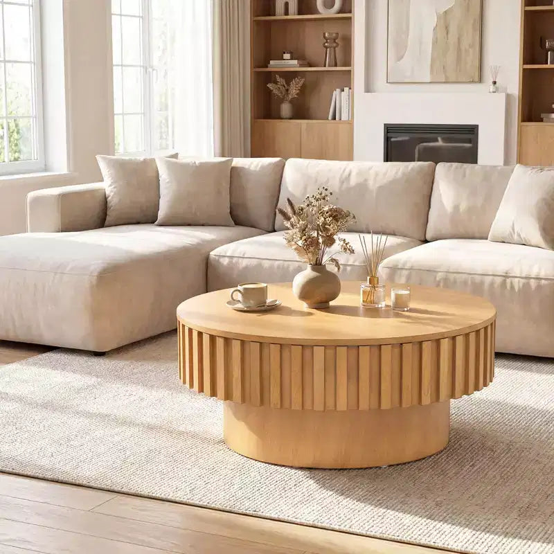 Table basse ronde avec rangement, table basse tambour en bois avec compartiment caché, noyer/naturel