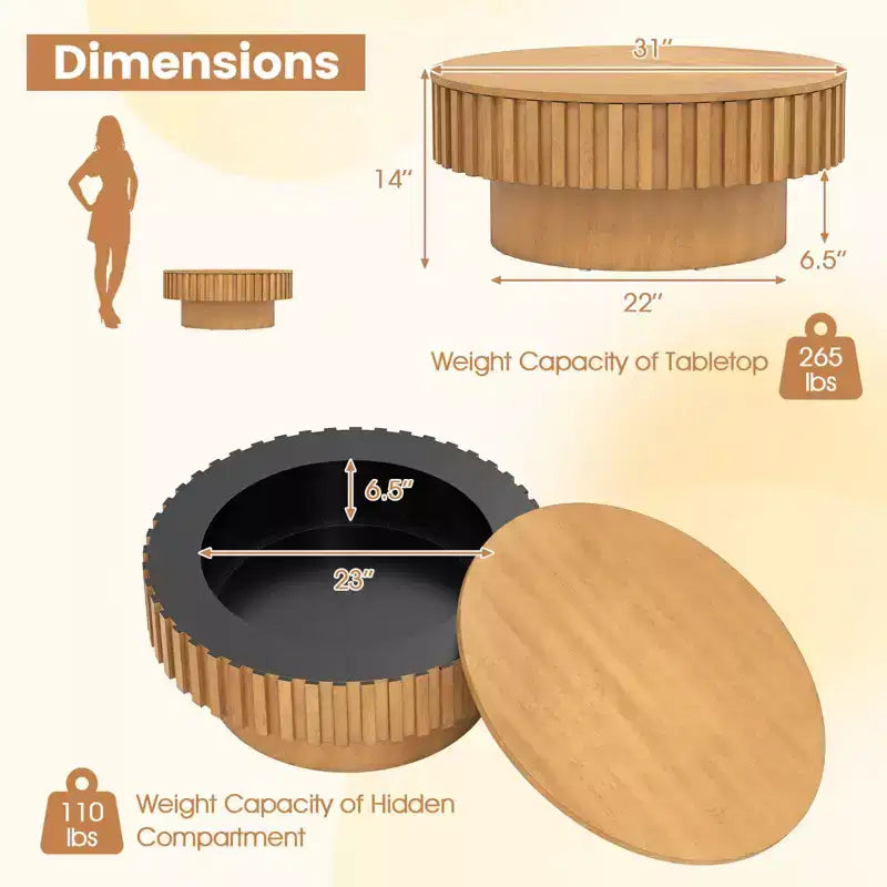 Table basse ronde avec rangement, table basse tambour en bois avec compartiment caché, noyer/naturel
