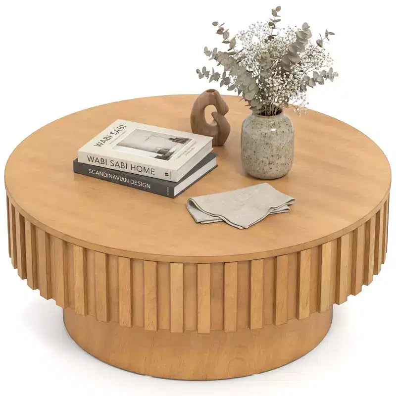 Table basse ronde avec rangement, table basse tambour en bois avec compartiment caché, noyer/naturel