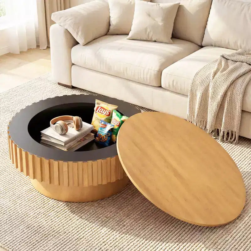Table basse ronde avec rangement, table basse tambour en bois avec compartiment caché, noyer/naturel