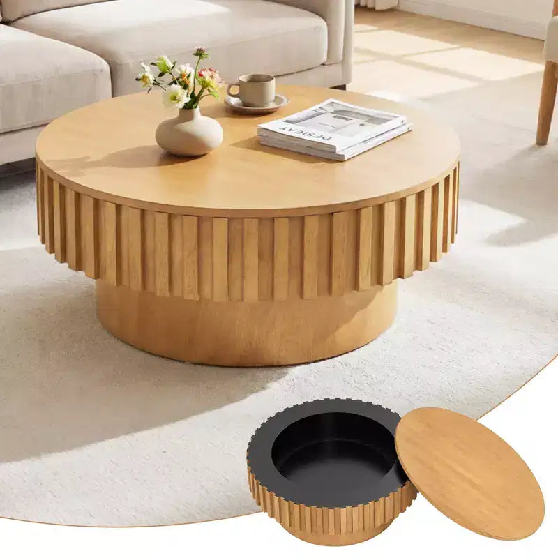 Table basse ronde avec rangement, table basse tambour en bois avec compartiment caché, noyer/naturel
