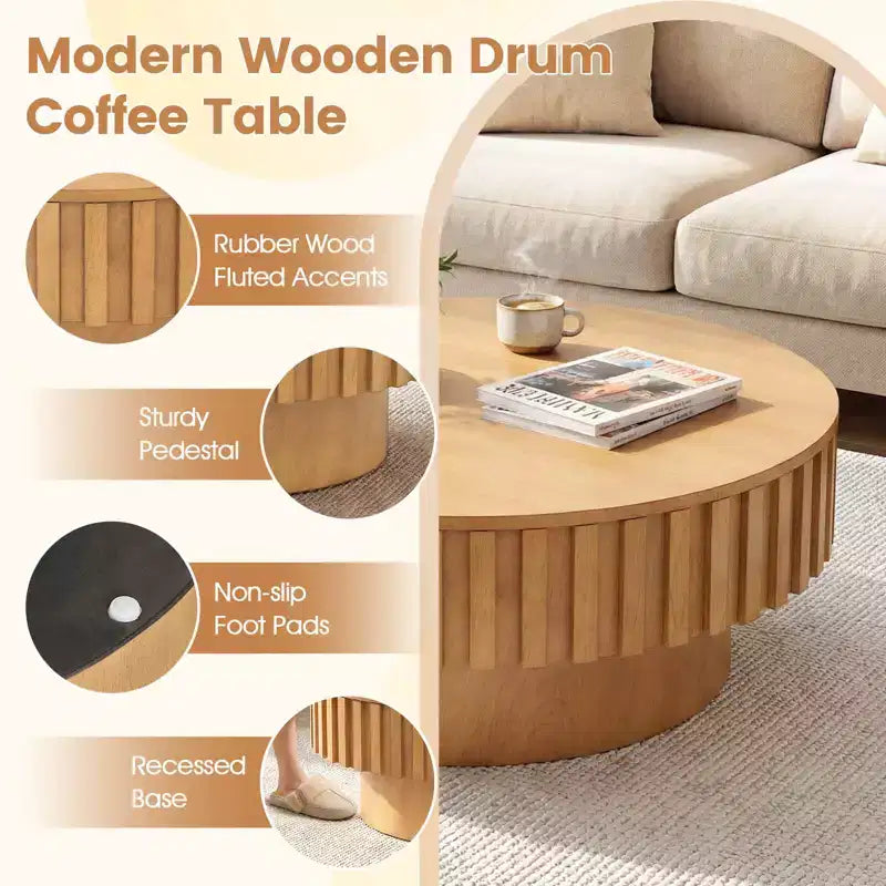 Table basse ronde avec rangement, table basse tambour en bois avec compartiment caché, noyer/naturel