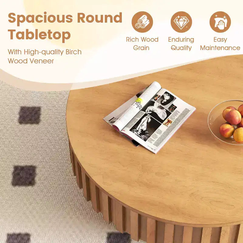 Table basse ronde avec rangement, table basse tambour en bois avec compartiment caché, noyer/naturel