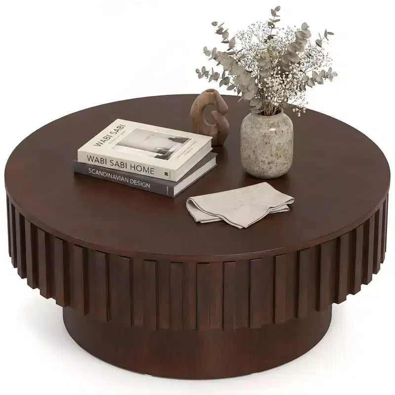 Table basse ronde avec rangement, table basse tambour en bois avec compartiment caché, noyer/naturel