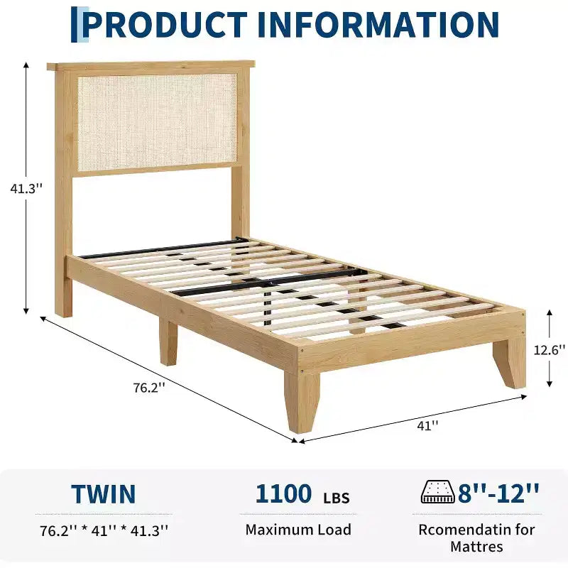 Cadre de lit plateforme double carré en rotin et bois, tête de lit en rotin naturel, pas besoin de sommier tapissier, montage facile