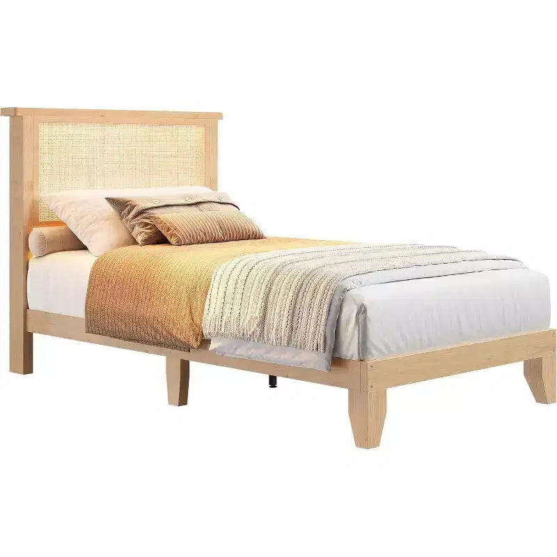 Cadre de lit plateforme double carré en rotin et bois, tête de lit en rotin naturel, pas besoin de sommier tapissier, montage facile