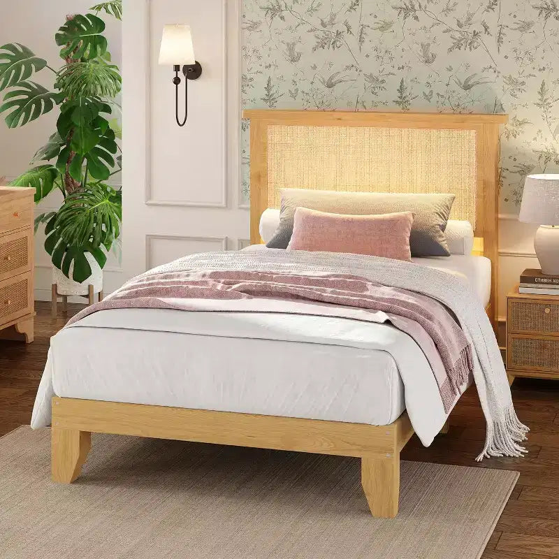 Cadre de lit plateforme double carré en rotin et bois, tête de lit en rotin naturel, pas besoin de sommier tapissier, montage facile