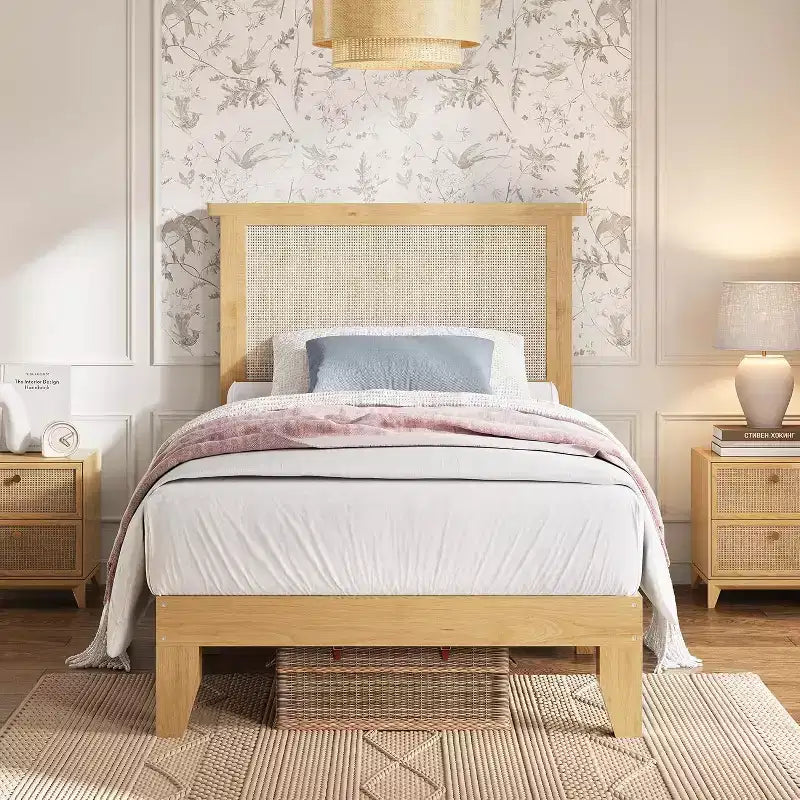 Cadre de lit plateforme double carré en rotin et bois, tête de lit en rotin naturel, pas besoin de sommier tapissier, montage facile