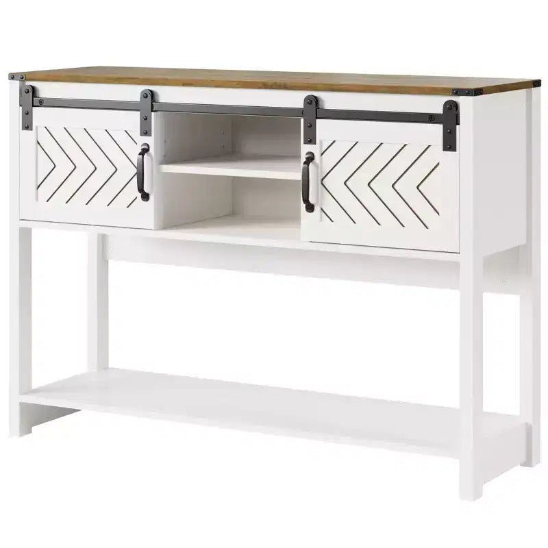 Console de ferme avec porte coulissante de style grange, table d'entrée rustique avec tiroirs et étagère réglable