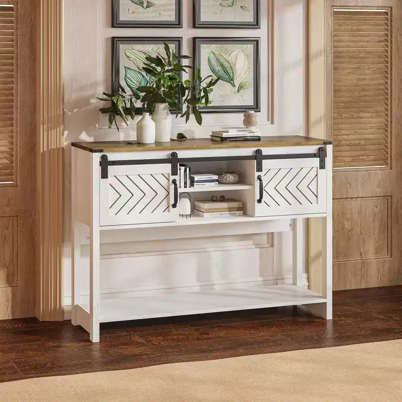 Farmhouse Console Table with Sliding Barn Door, Rustic Storage Entryway Table with Drawers & Adjustable Shelf