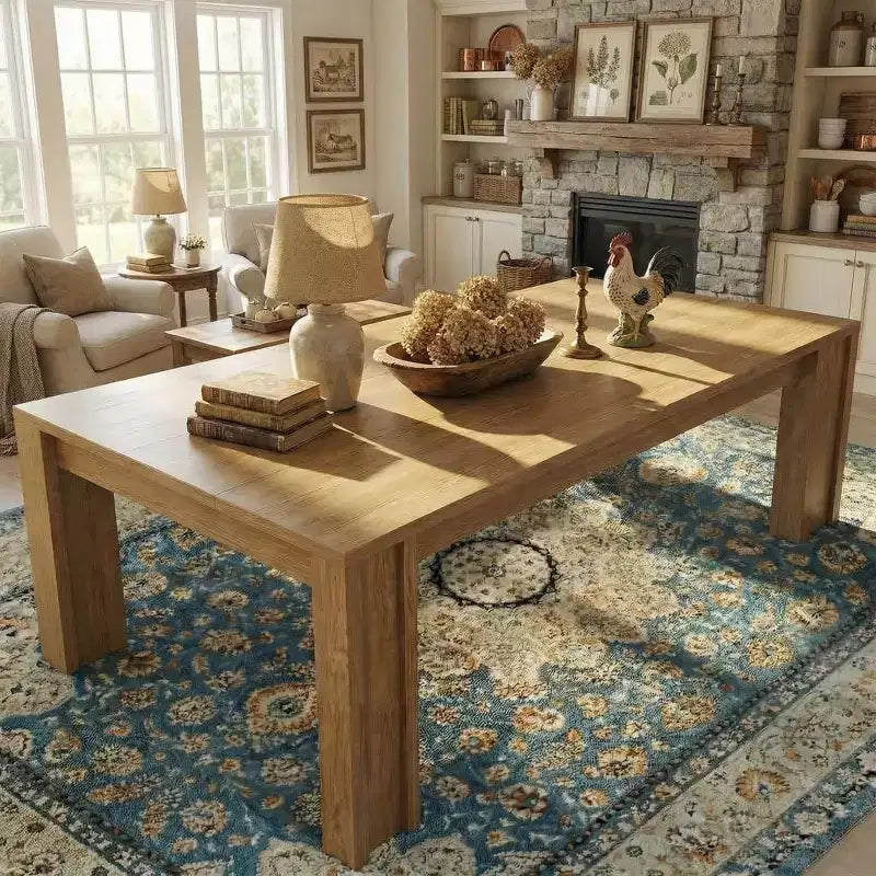 Dining Table for 6-8, Farmhouse Rectangular Kitchen Table with Wide H-Legs, Thick Top, Natural Wood Finish