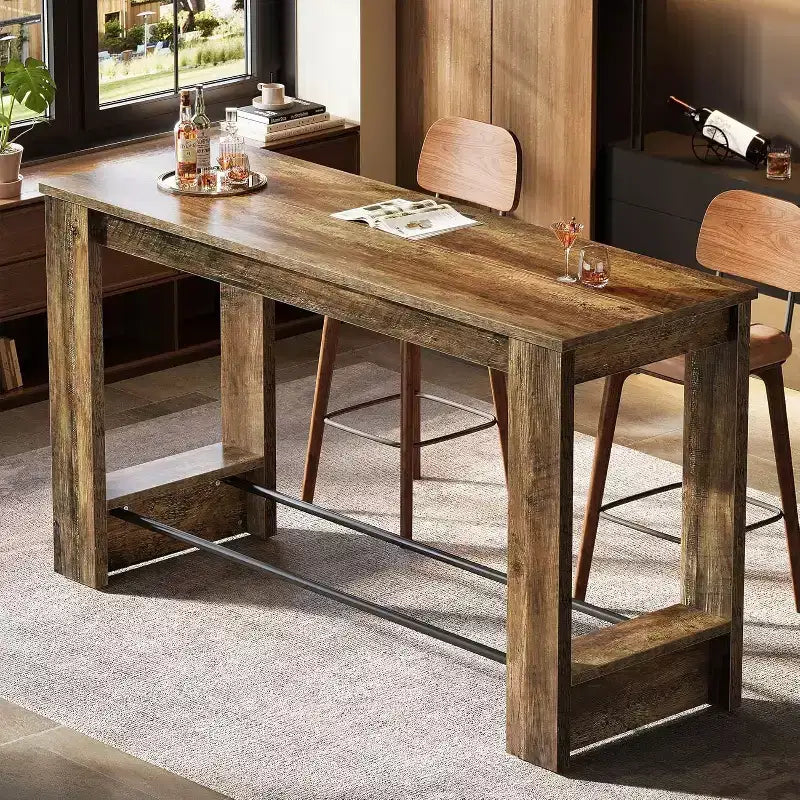 Top Bar Table, 37.4" Counter Height Pub Table with Metal Footrests, Long Home Bar Unit for Kitchen, Bistro, or Restaurant
