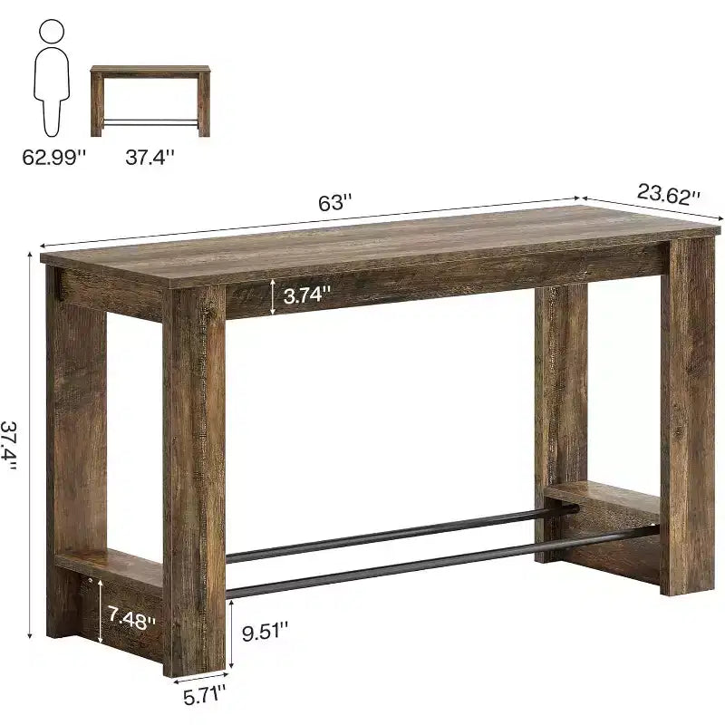 Top Bar Table, 37.4" Counter Height Pub Table with Metal Footrests, Long Home Bar Unit for Kitchen, Bistro, or Restaurant