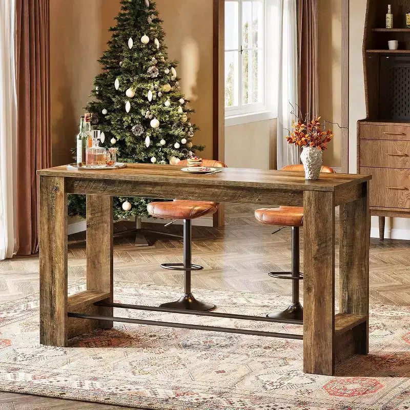 Top Bar Table, 37.4" Counter Height Pub Table with Metal Footrests, Long Home Bar Unit for Kitchen, Bistro, or Restaurant