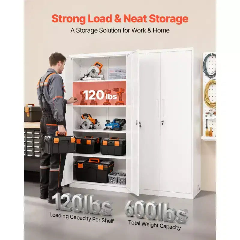 Armoire de rangement métallique, armoire de garage en acier verrouillable de 175 cm avec 4 étagères réglables, 2 portes magnétiques, 2 clés, rangement à outils à 5 niveaux, blanc