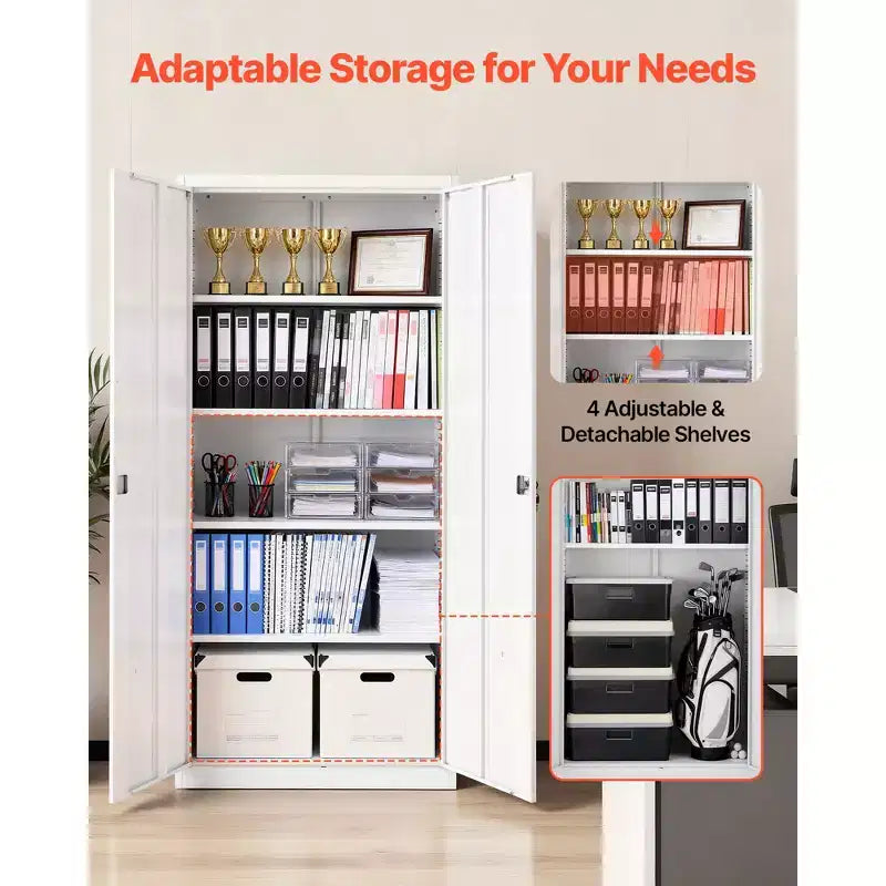 Armoire de rangement métallique, armoire de garage en acier verrouillable de 175 cm avec 4 étagères réglables, 2 portes magnétiques, 2 clés, rangement à outils à 5 niveaux, blanc
