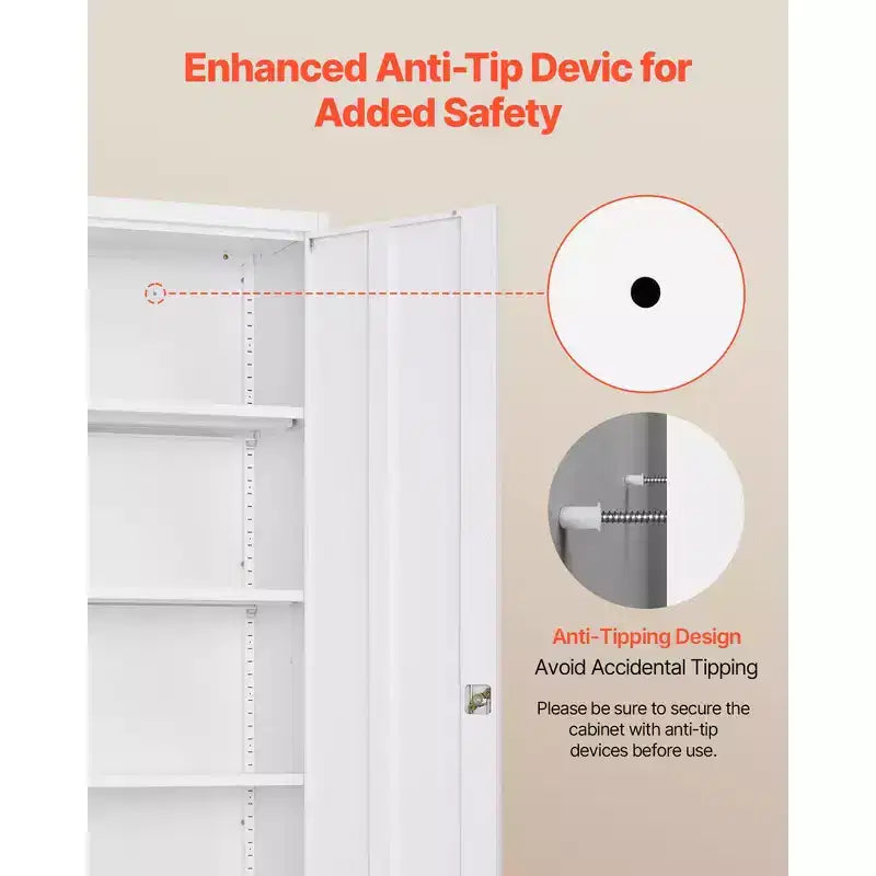 Armoire de rangement métallique, armoire de garage en acier verrouillable de 175 cm avec 4 étagères réglables, 2 portes magnétiques, 2 clés, rangement à outils à 5 niveaux, blanc