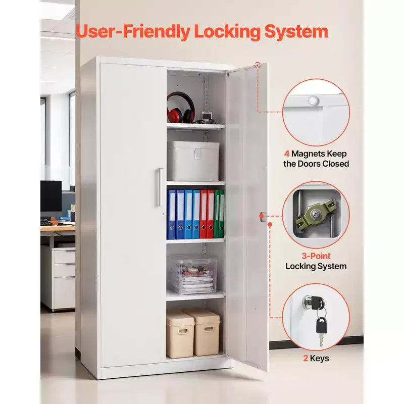 Armoire de rangement métallique, armoire de garage en acier verrouillable de 175 cm avec 4 étagères réglables, 2 portes magnétiques, 2 clés, rangement à outils à 5 niveaux, blanc