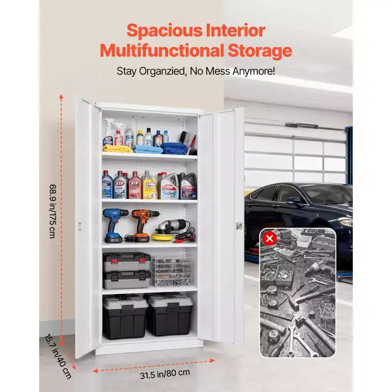 Armoire de rangement métallique, armoire de garage en acier verrouillable de 175 cm avec 4 étagères réglables, 2 portes magnétiques, 2 clés, rangement à outils à 5 niveaux, blanc
