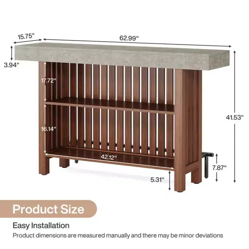 Modern Metal and Wood Bar Table with 2-Tier Storage and Adjustable Foot Pads