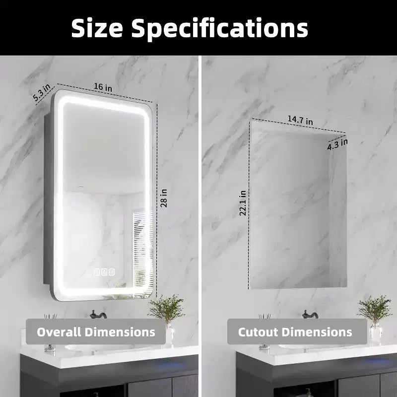 Armoire à pharmacie rectangulaire en fer avec miroir, lumière LED à intensité variable, anti-buée et prises de courant - Entièrement assemblée