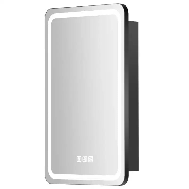 Armoire à pharmacie rectangulaire en fer avec miroir, lumière LED à intensité variable, anti-buée et prises de courant - Entièrement assemblée