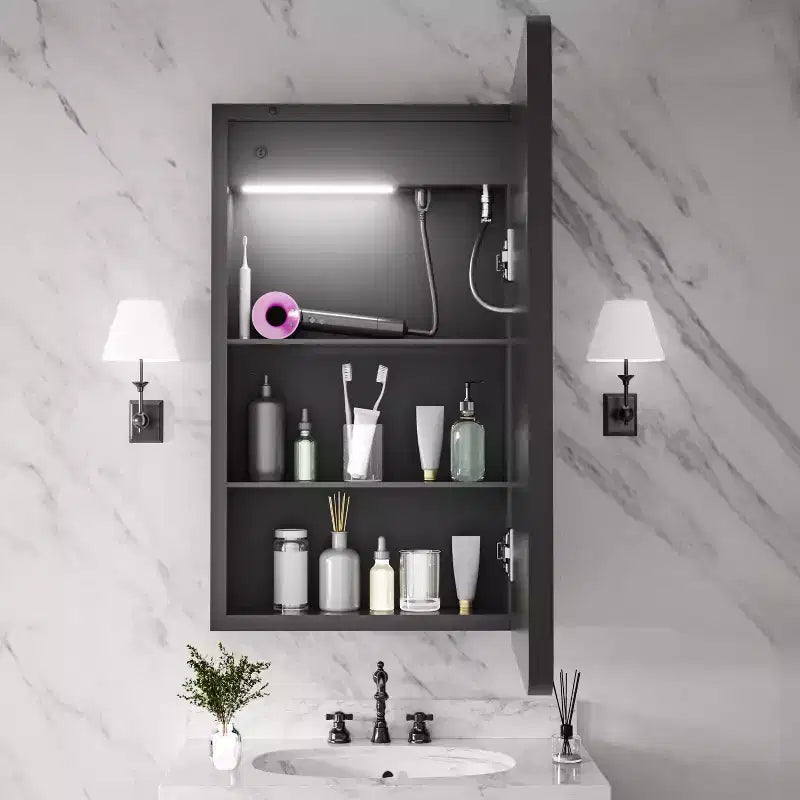 Armoire à pharmacie rectangulaire en fer avec miroir, lumière LED à intensité variable, anti-buée et prises de courant - Entièrement assemblée