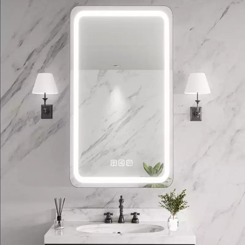Armoire à pharmacie rectangulaire en fer avec miroir, lumière LED à intensité variable, anti-buée et prises de courant - Entièrement assemblée