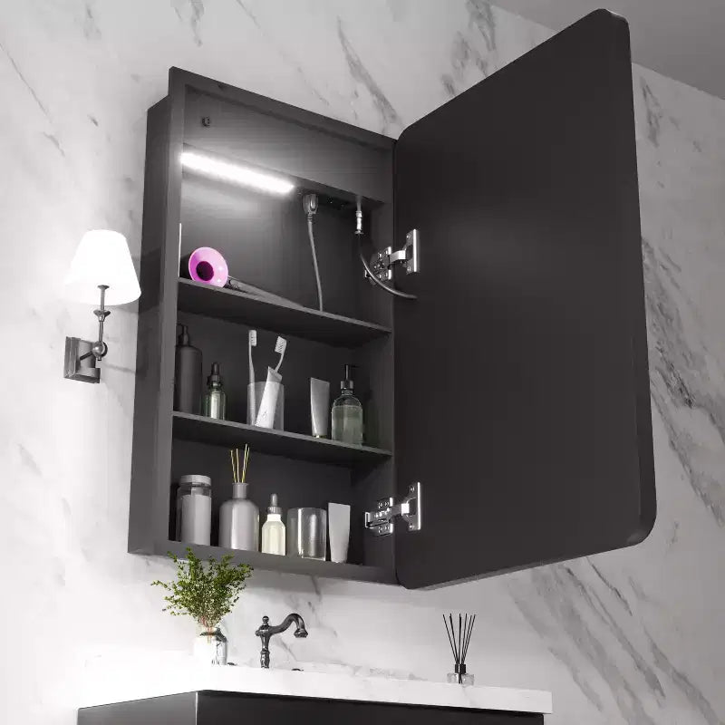 Armoire à pharmacie rectangulaire en fer avec miroir, lumière LED à intensité variable, anti-buée et prises de courant - Entièrement assemblée