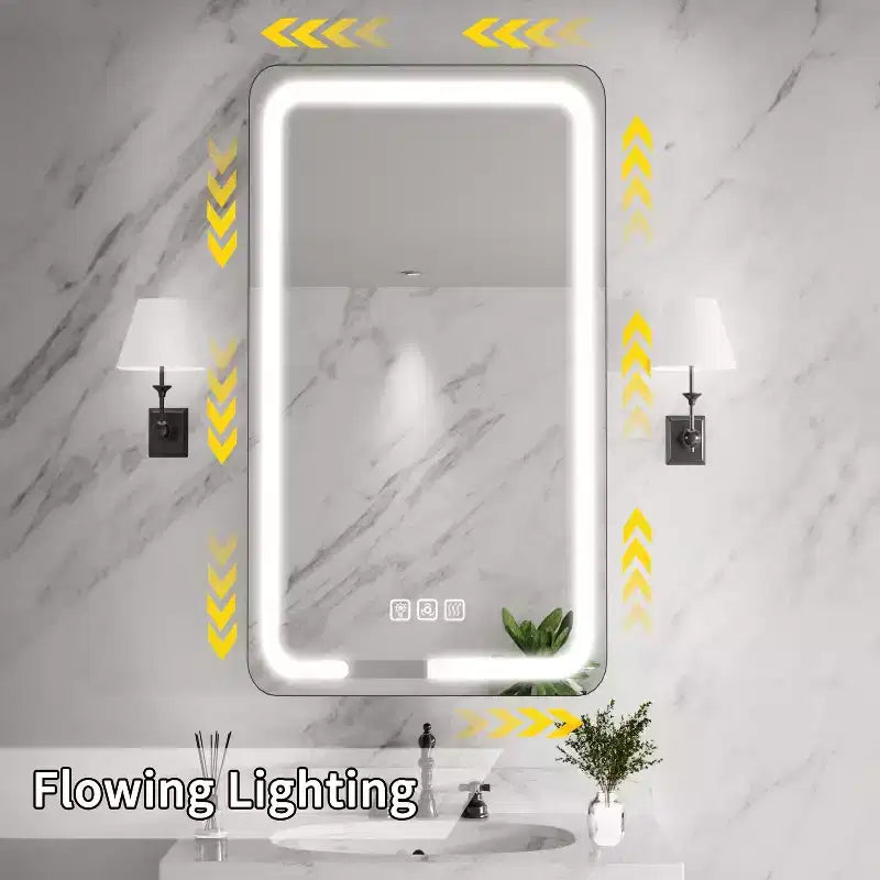 Armoire à pharmacie rectangulaire en fer avec miroir, lumière LED à intensité variable, anti-buée et prises de courant - Entièrement assemblée