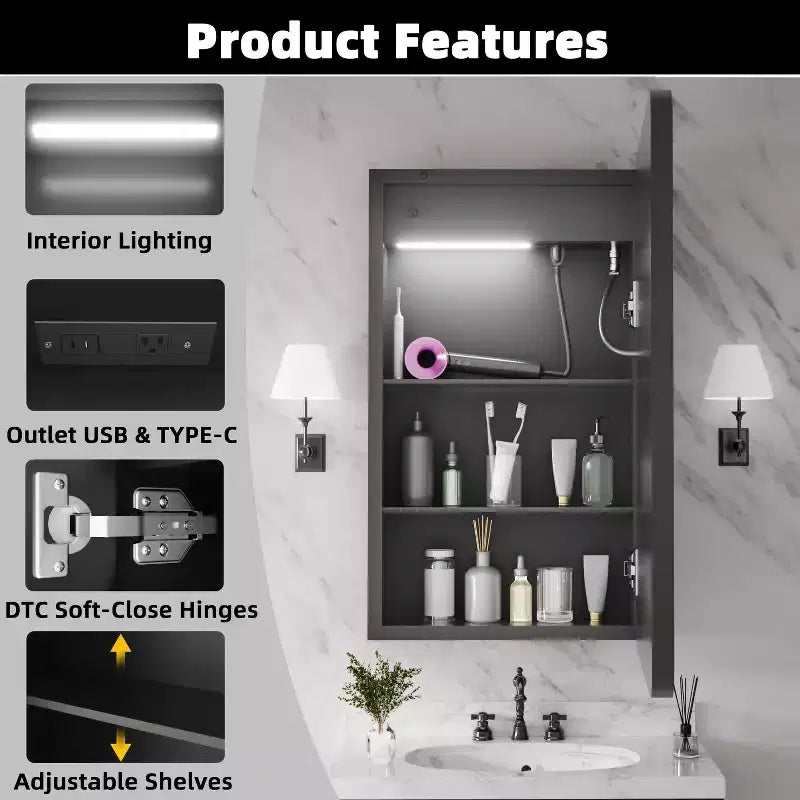 Armoire à pharmacie rectangulaire en fer avec miroir, lumière LED à intensité variable, anti-buée et prises de courant - Entièrement assemblée