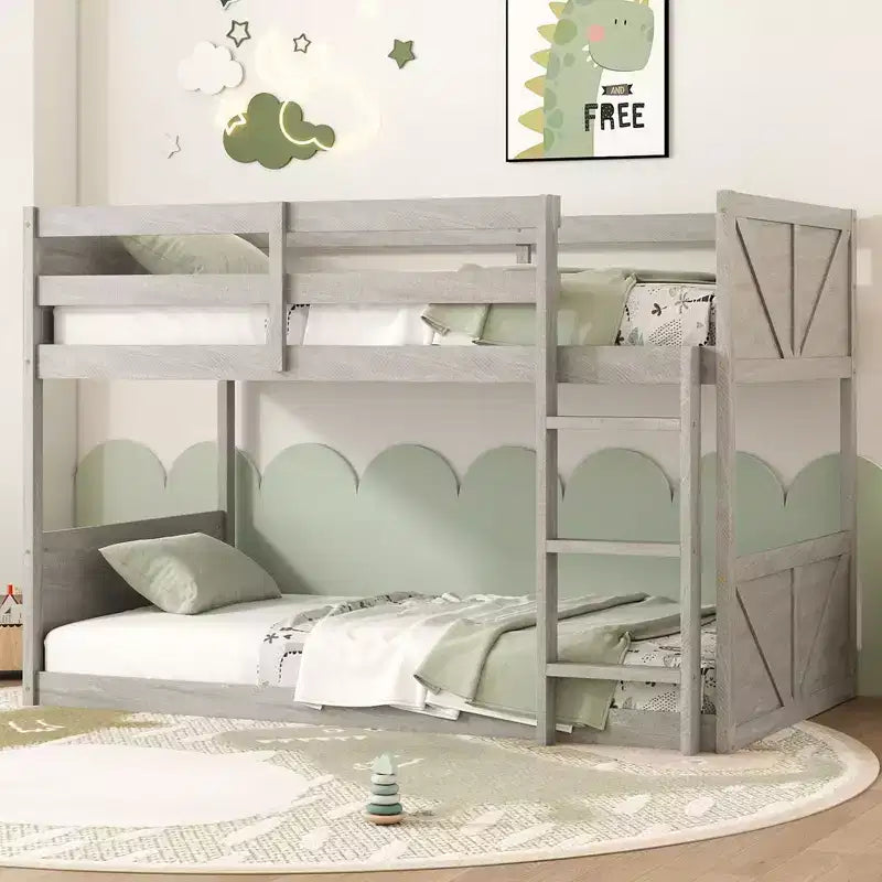 Lit superposé jumeau sur jumeau avec têtes et pieds de lit à panneaux