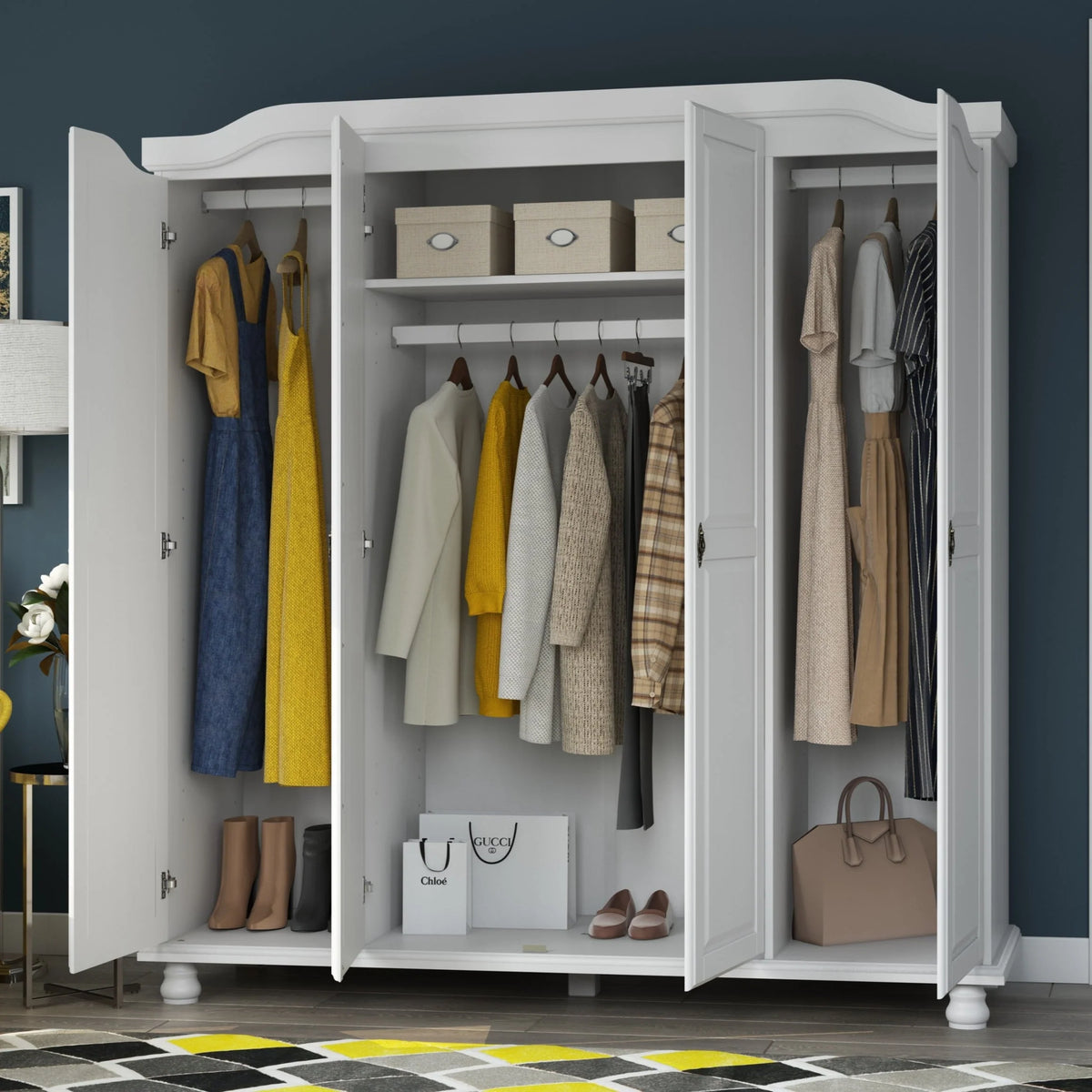 Palace Imports Kyle Armoire 4 portes 100 % en bois massif avec portes en bois massif ou portes miroir