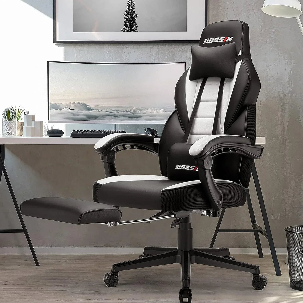 Chaise de jeu style course BOSSIN, fauteuil gamer grande taille 300 lb, chaise d'ordinateur à dossier haut
